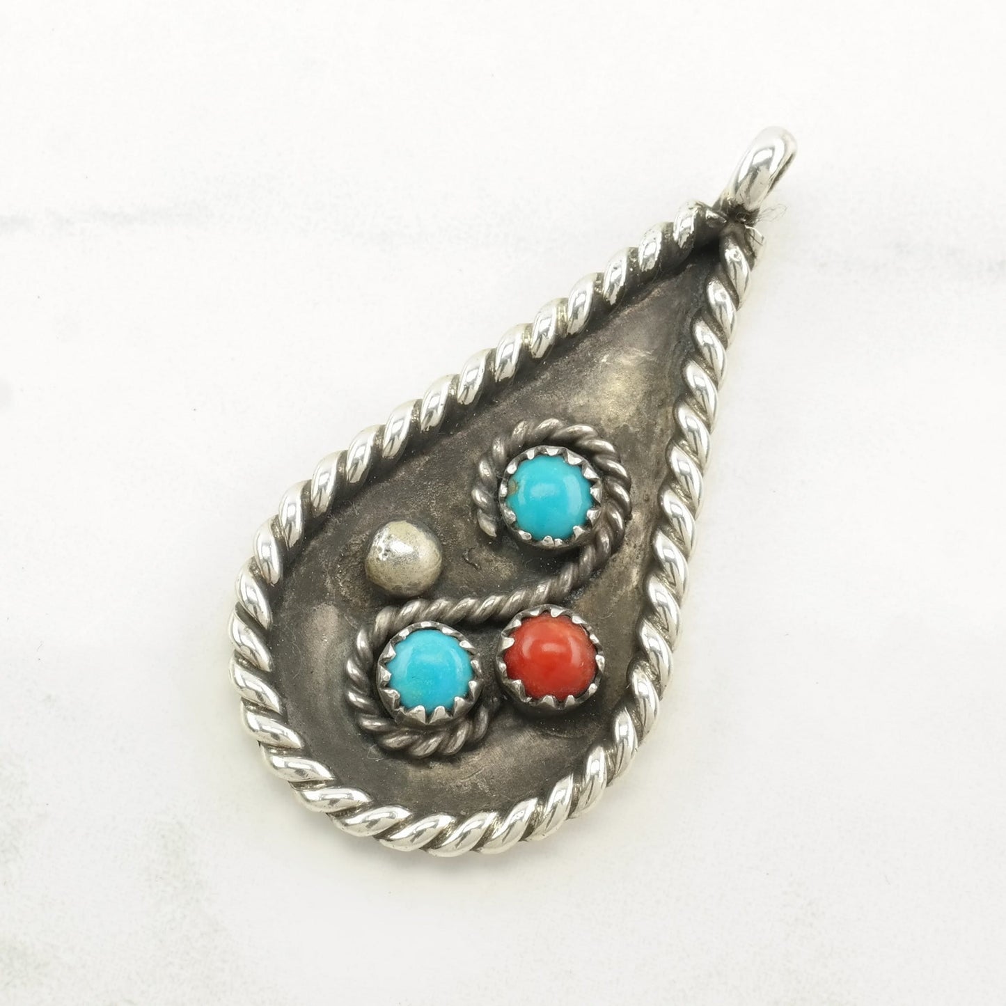 Native American Turquoise, Coral Shadowbox Sterling Silver Pendant