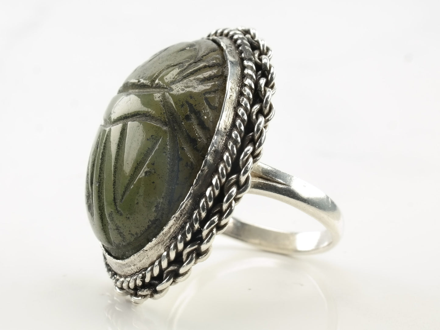 Vintage Mexico Silver Ring Carved Scarab Onyx Sterling Size 7 1/2