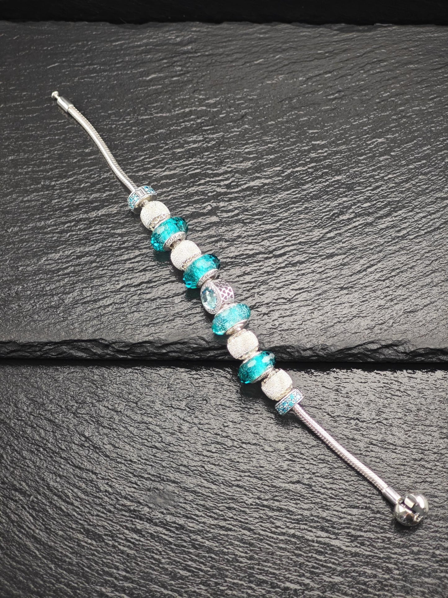 Vintage Pandora Teal 11 Charm Bracelet Murano Sterling Silver