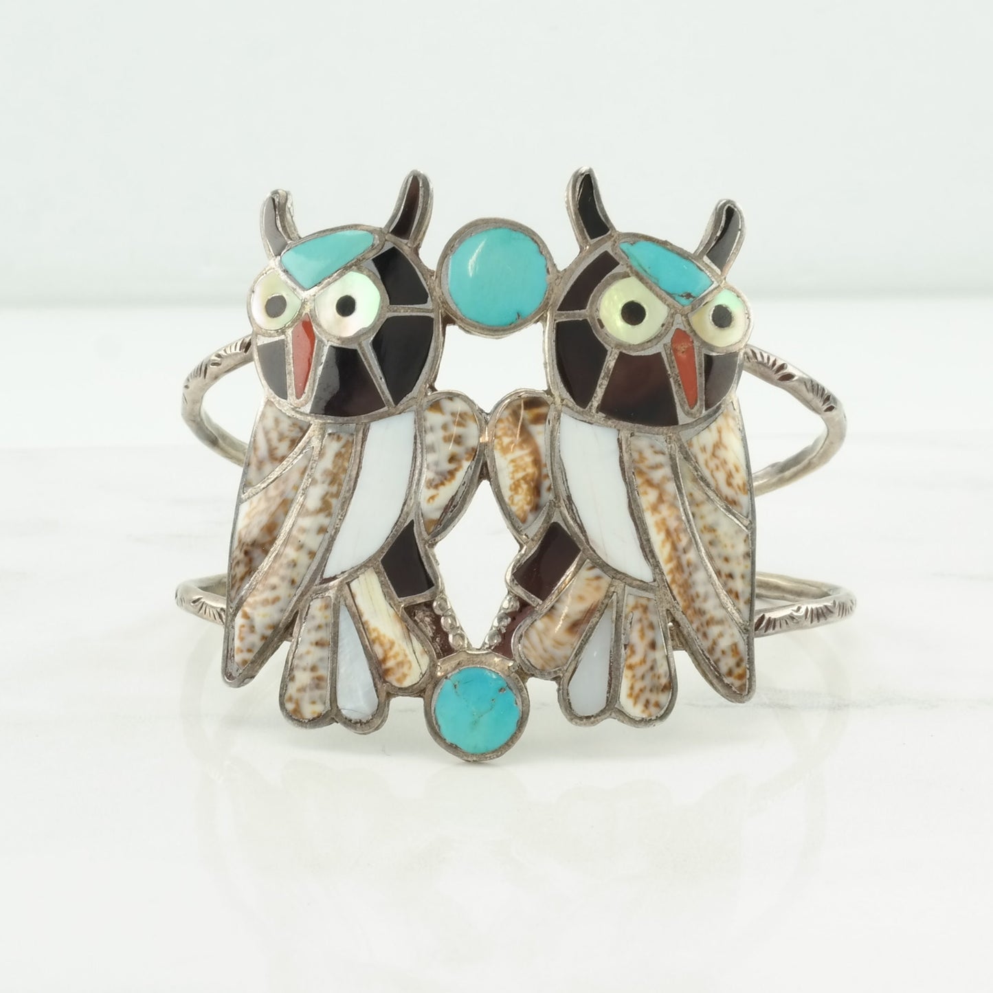 Vintage Zuni, Native American Sterling Silver Cuff Bracelet Multi Stone Inlay, Owls