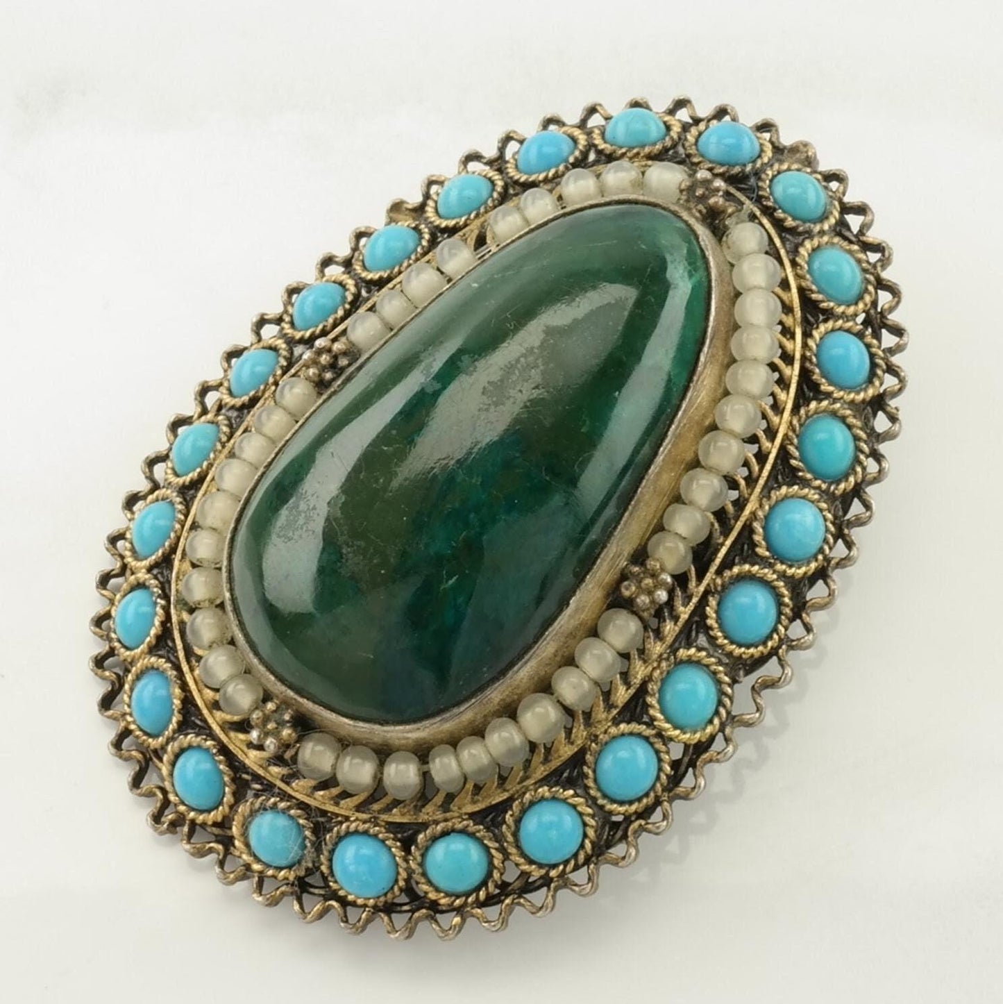 Israel Sterling Silver Brooch Pendant Filigree Blue, Green Created Turquoise, Eilat Stone