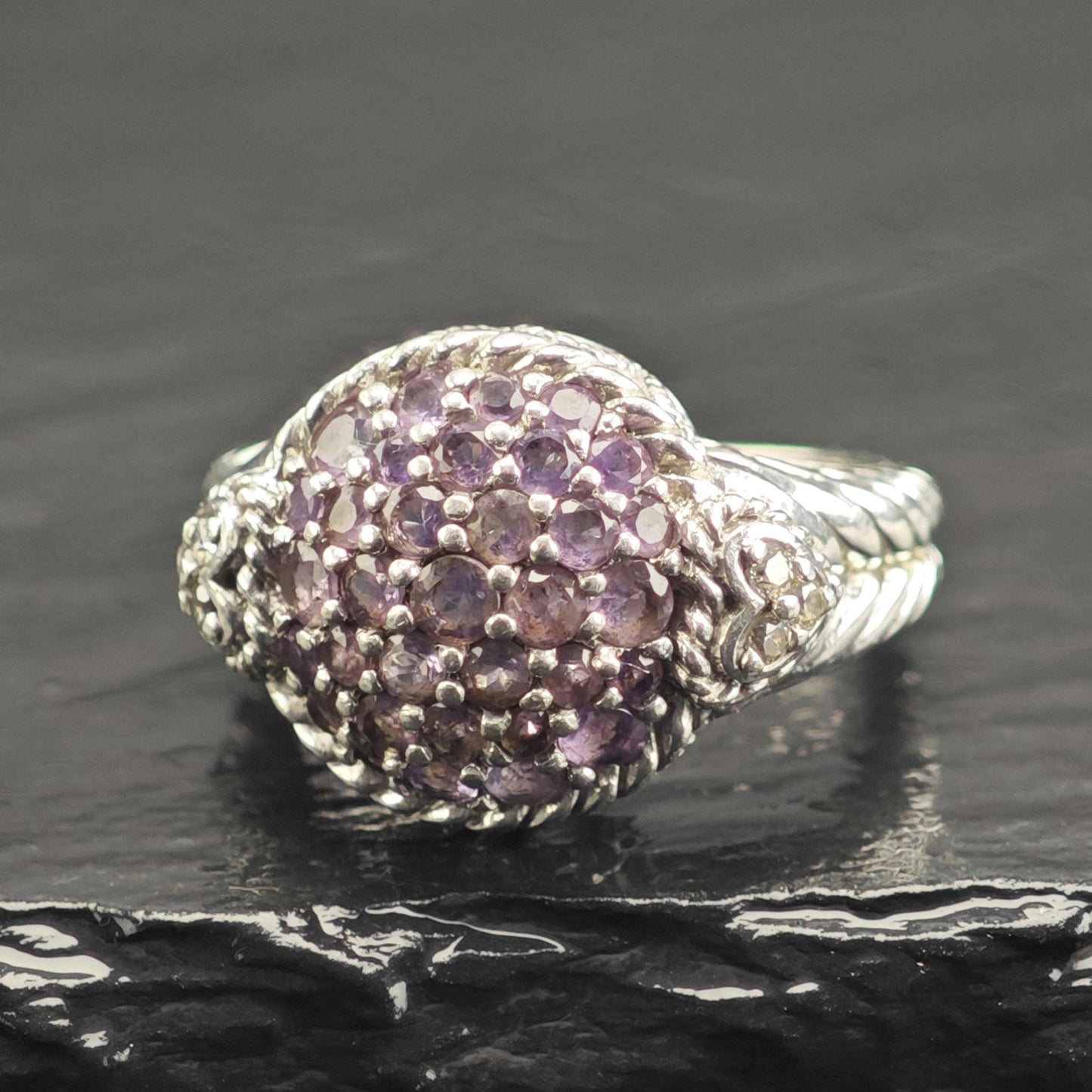 Judith Ripka Amethyst Cluster, CZ Sterling Silver Ring Sz 6 R6757