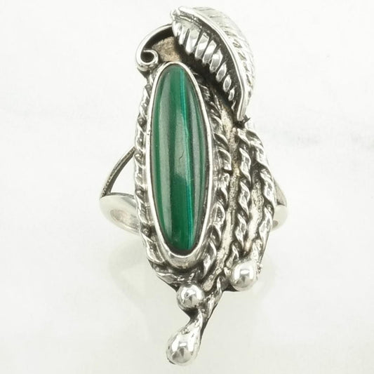 Vintage Southwest Silver Ring Malachite Leaf, Navette Sterling Green Size 6 3/4