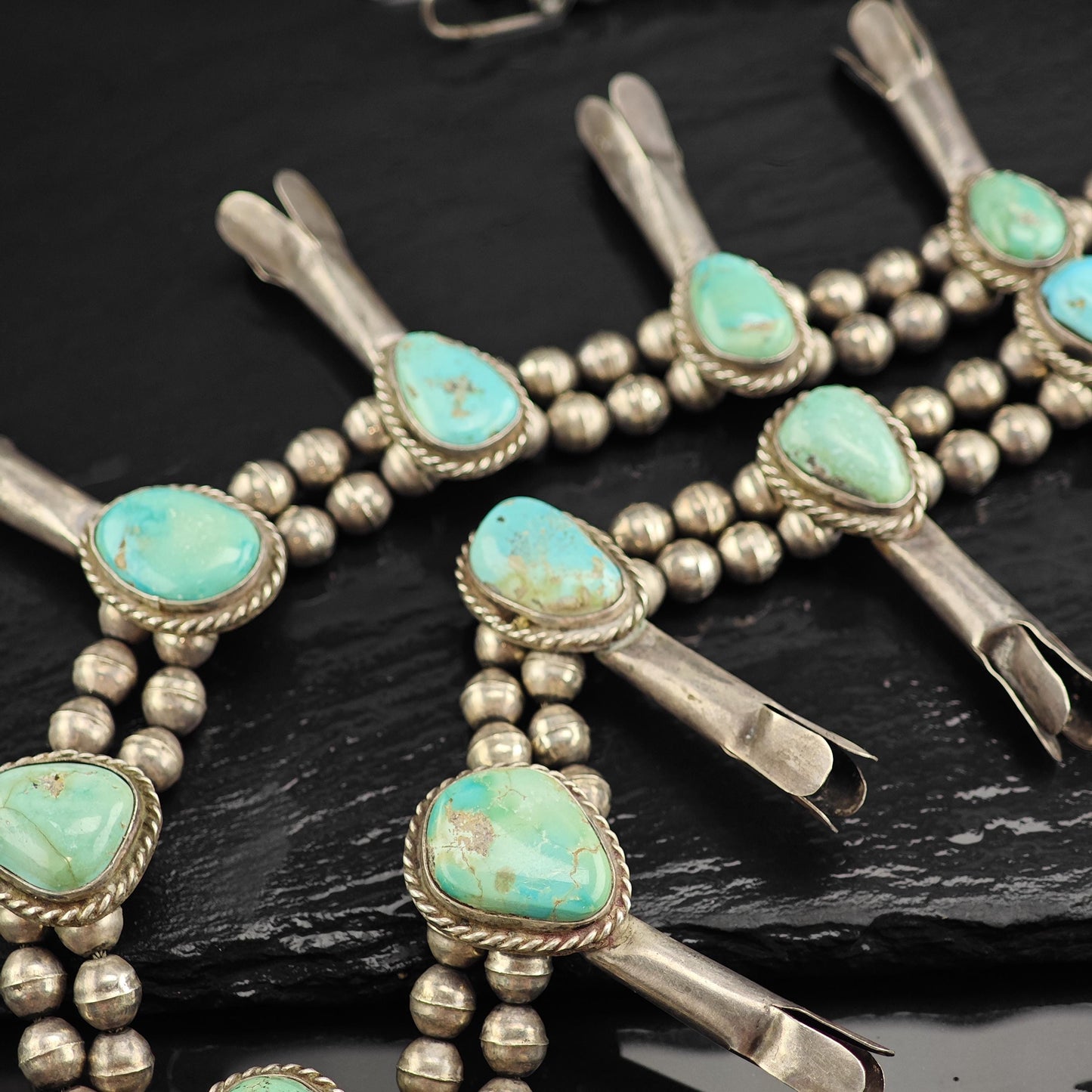 Vintage Southwest Turquoise Sterling Silver Squash Blossom Necklace N2720