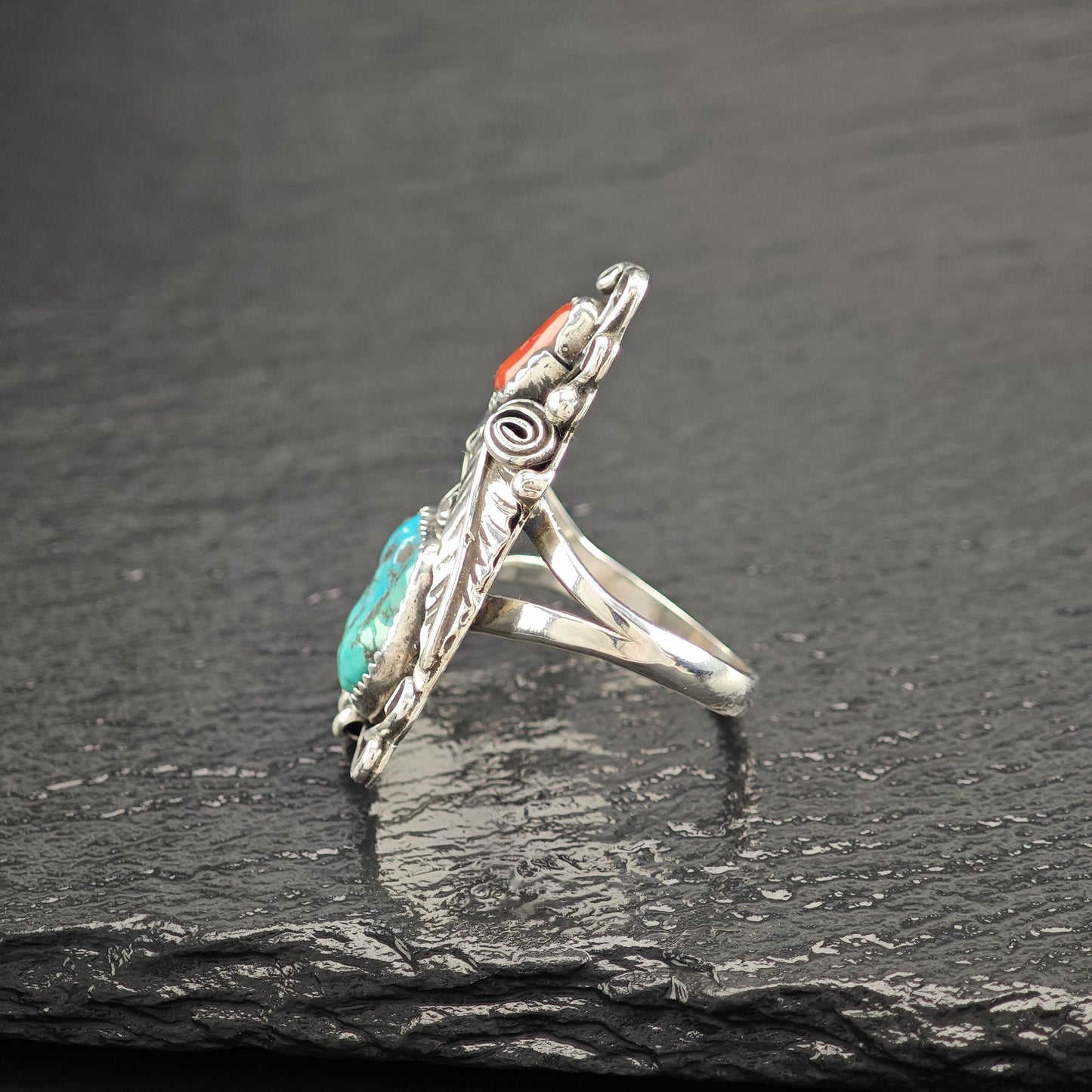 Native American Turquoise Coral Ring Sterling Silver R5825