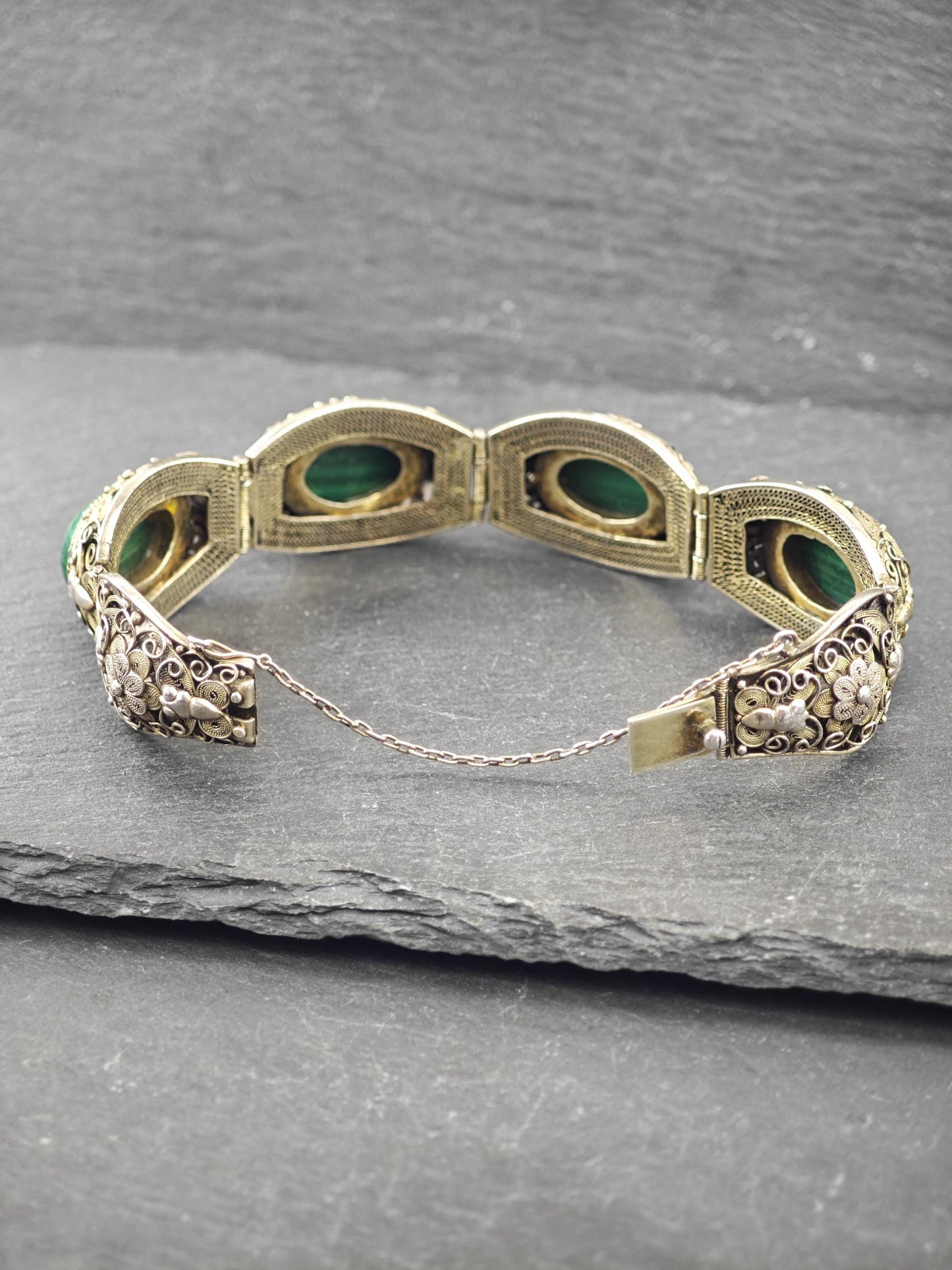 Chinese Silver Gilt Filigree, Malachite Panel Bracelet Sterling Silver
