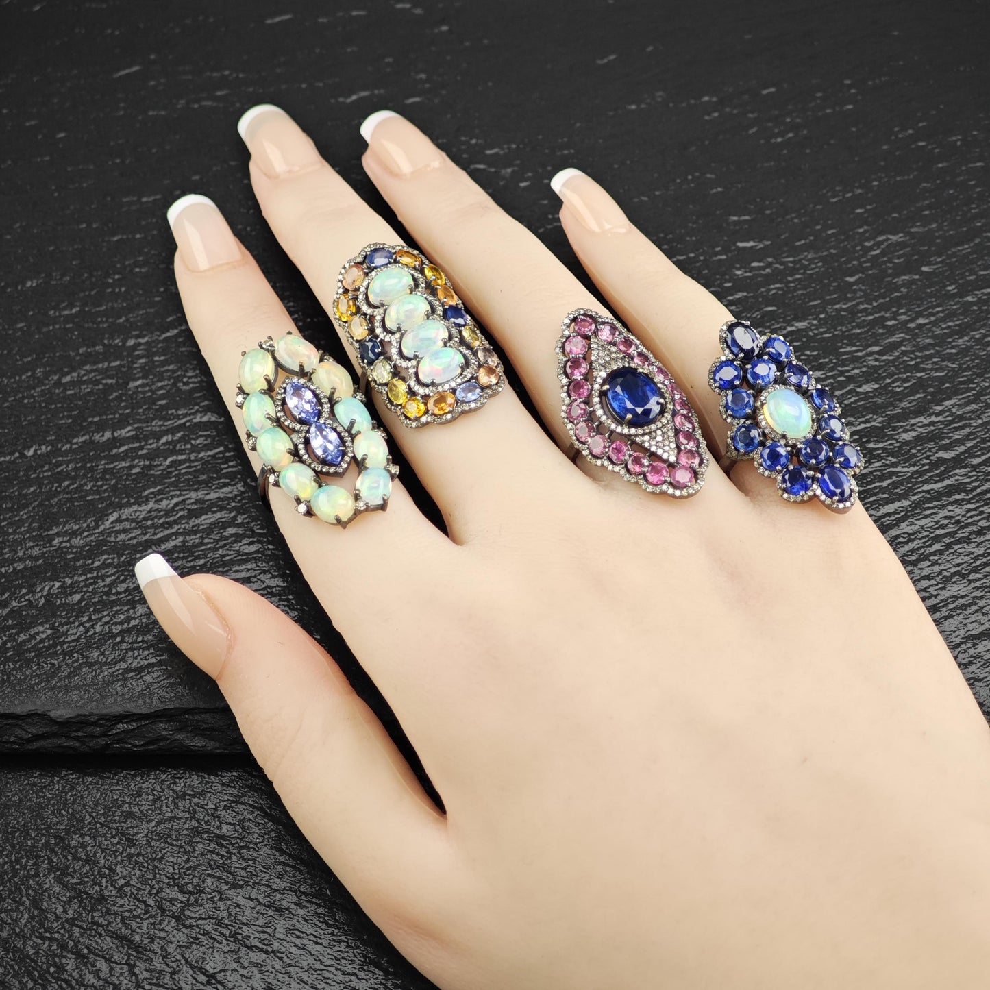 Oxidized Diamond, Opal, Sapphire Sterling Silver Ring R5799