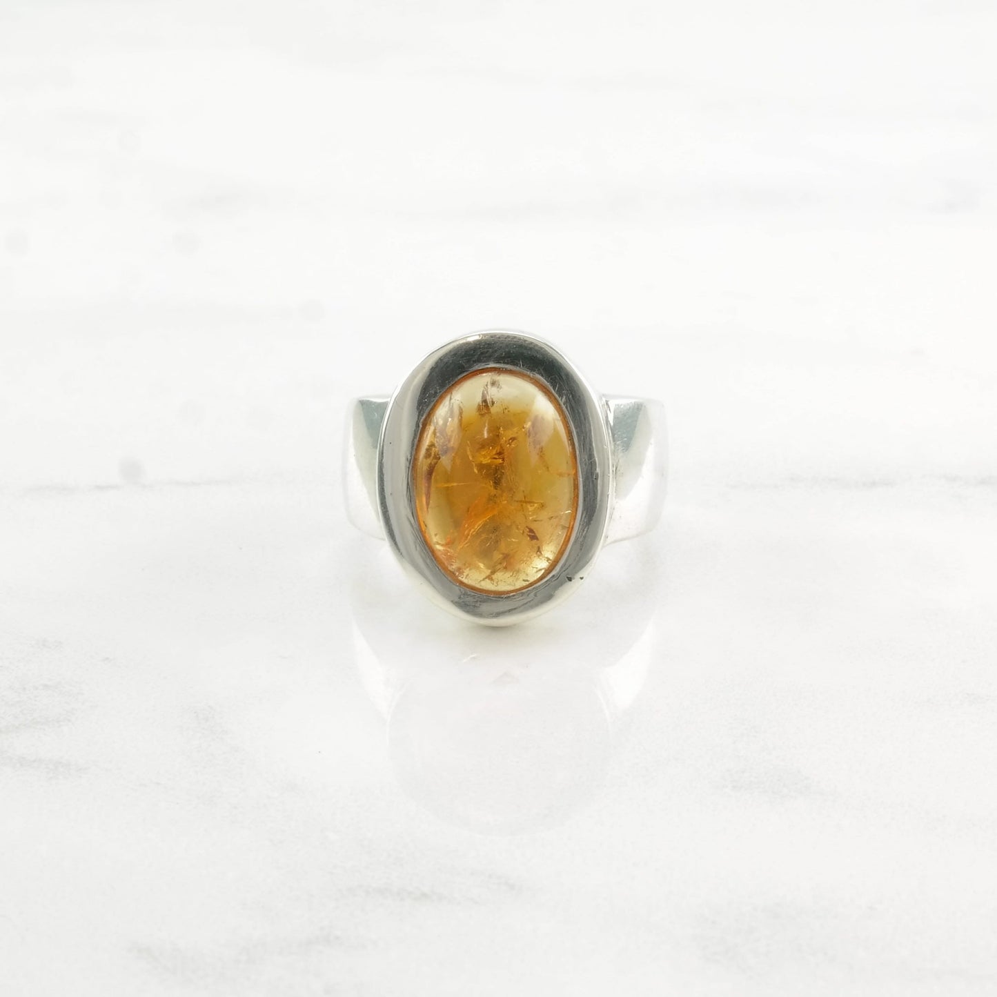 Sterling Silver Ring Baltic Amber Wide Band Orange Size 7 1/2