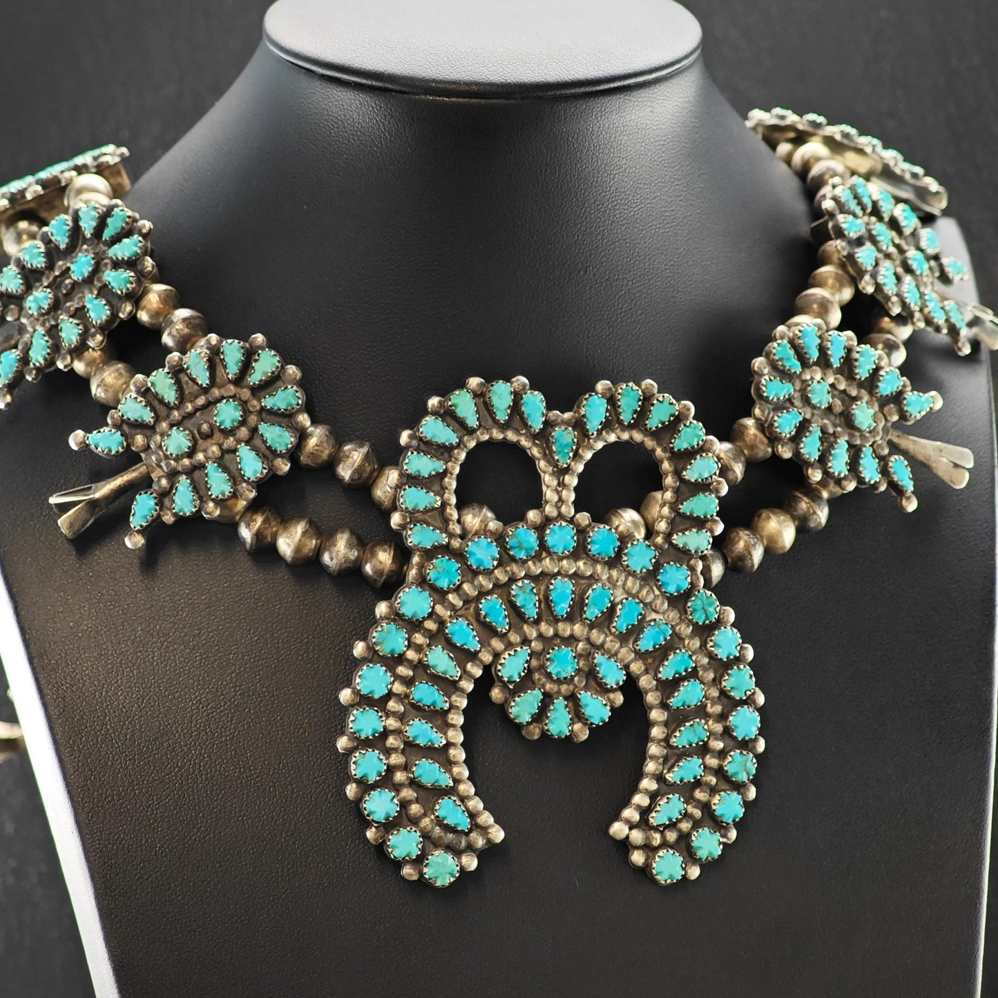 Zuni Carved Turquoise Cluster Squash Blossom Necklace Sterling Silver 30 1/2" N2668