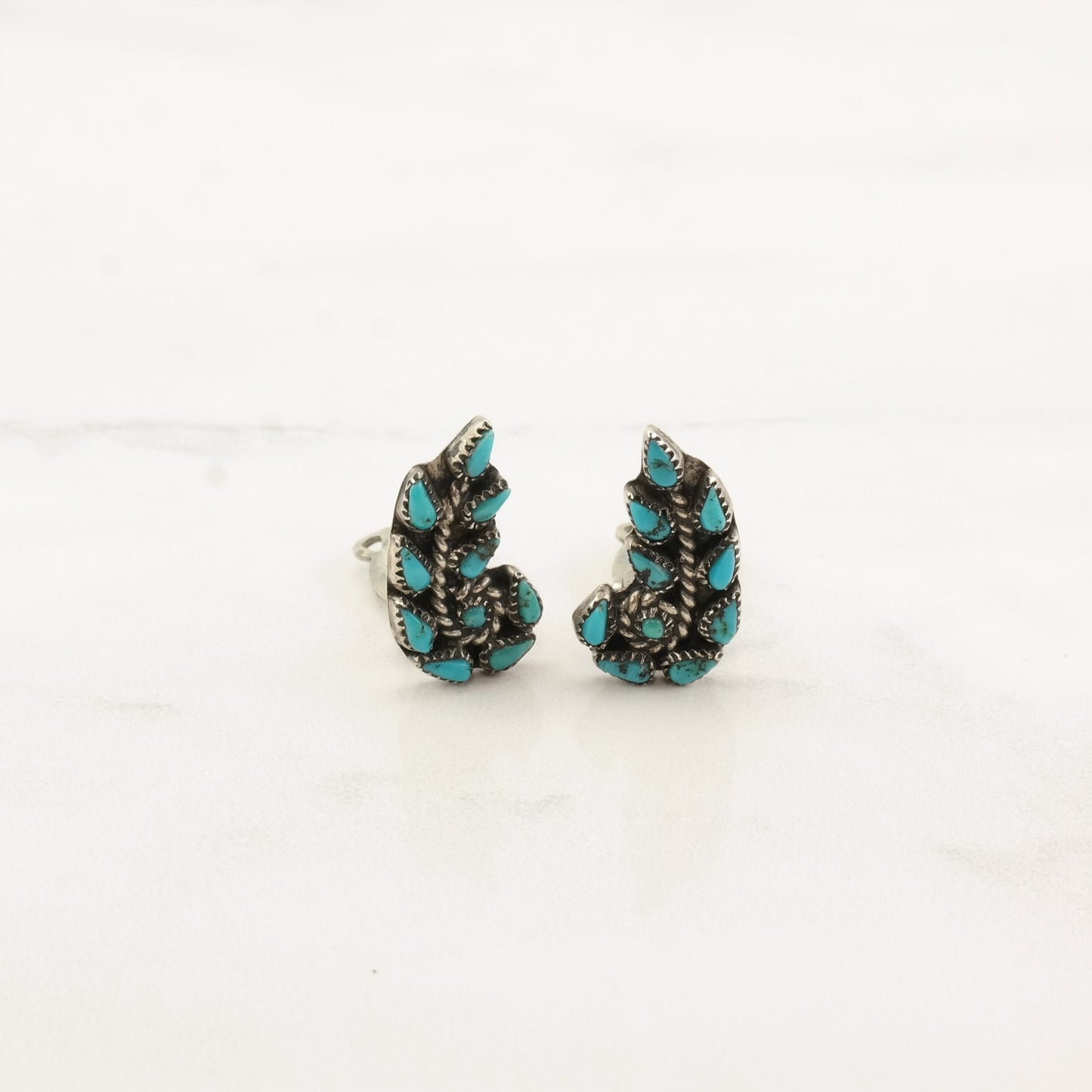 Native American Sterling Silver Turquoise Zuni Leaf Earrings Clip On