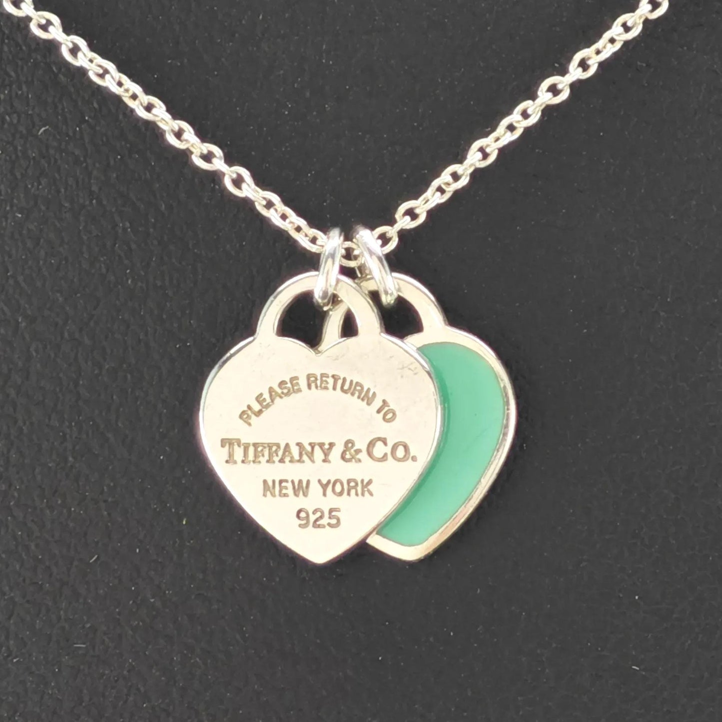 Vintage Tiffany Sterling Silver Teal Double Heart Enamel Necklace