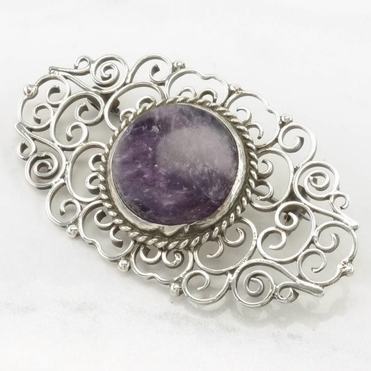 Taxco Sterling Silver Brooch Scroll Purple Amethyst B1944