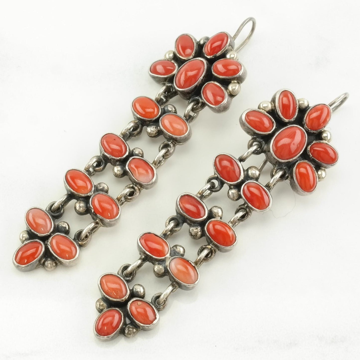 Native American Sterling Silver Red Coral Cluster, Long Earrings Fish hook, dangle