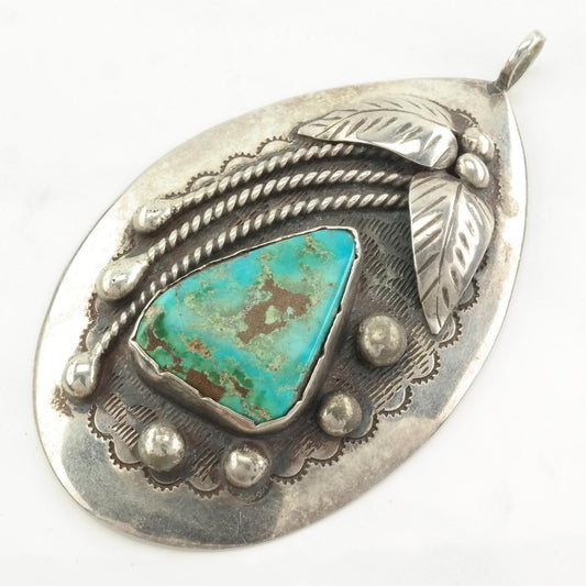 Vintage Native American Turquoise Leaf Sterling Silver Pendant