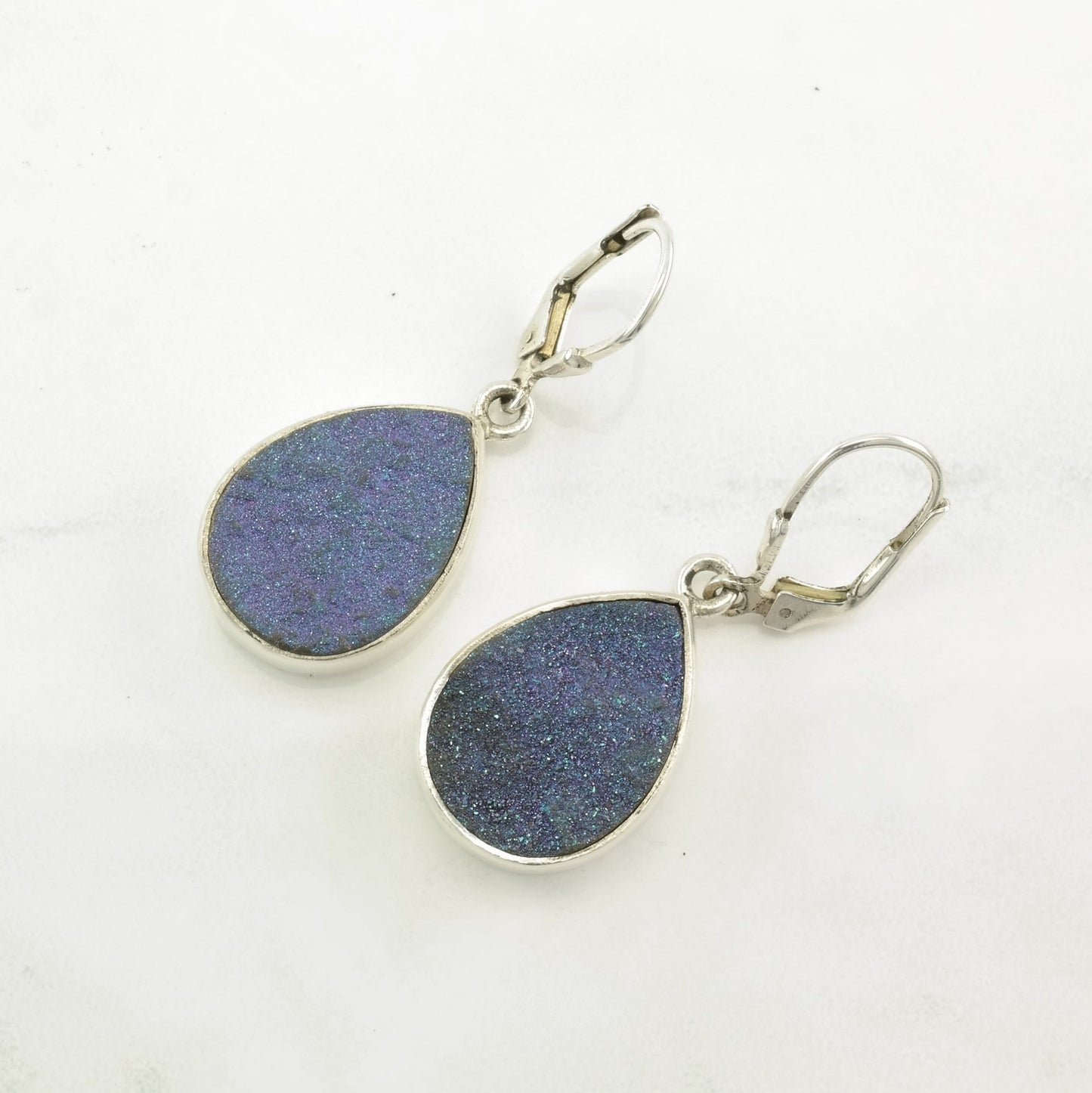 AKR Sterling Silver Blue, Purple Druzy Teardrop Earrings Levers