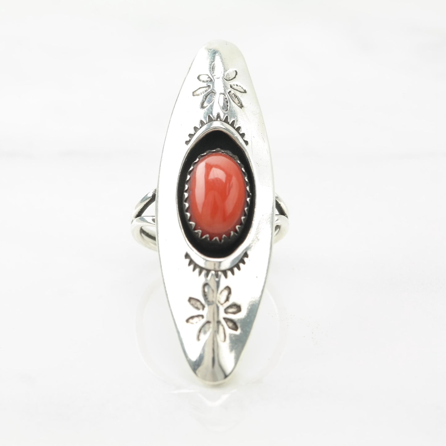 Native American Red Coral, Floral Stamped, Shadow Box, Long Sterling Silver Ring Size 5 1/2