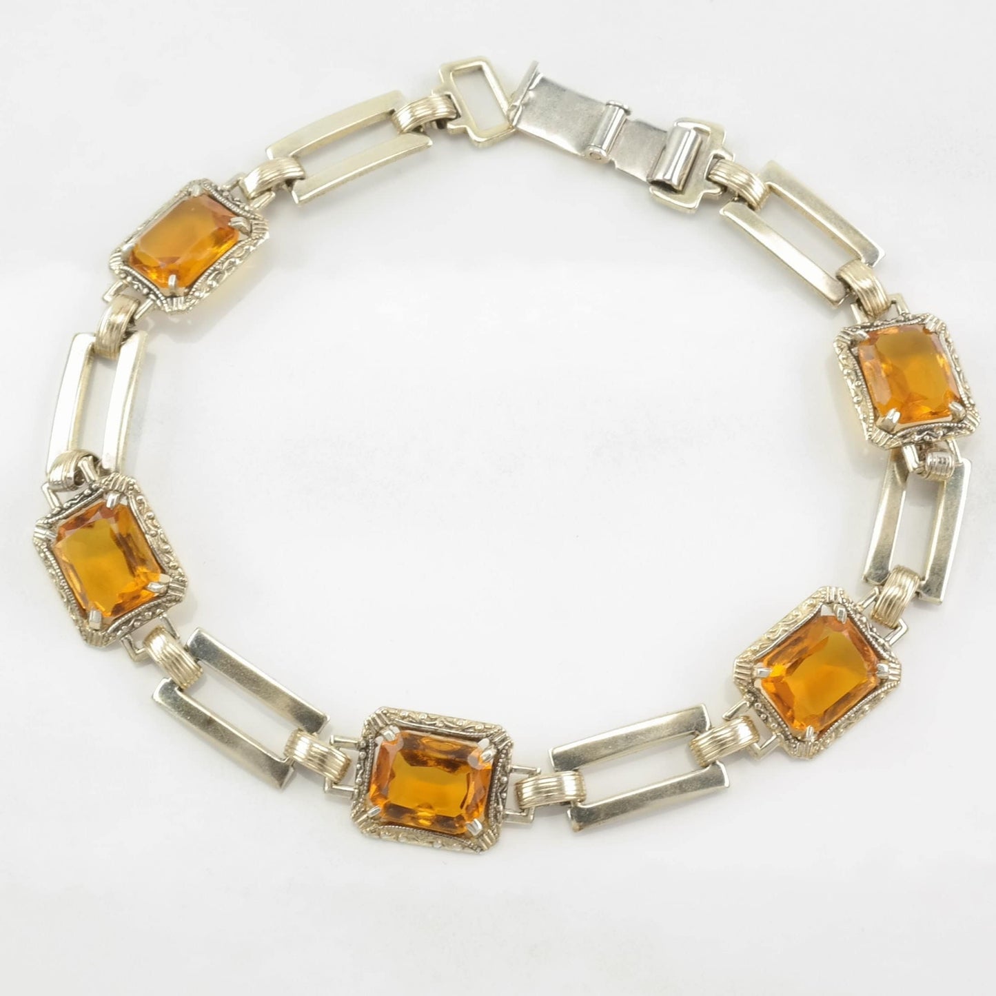 Orange Paste Sterling Silver Gold Tone Link Bracelet