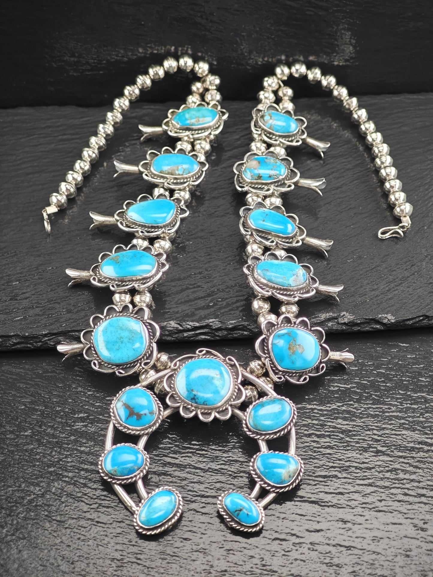 Southwest Turquoise Floral, Squash Blossom Necklace Sterling Silver