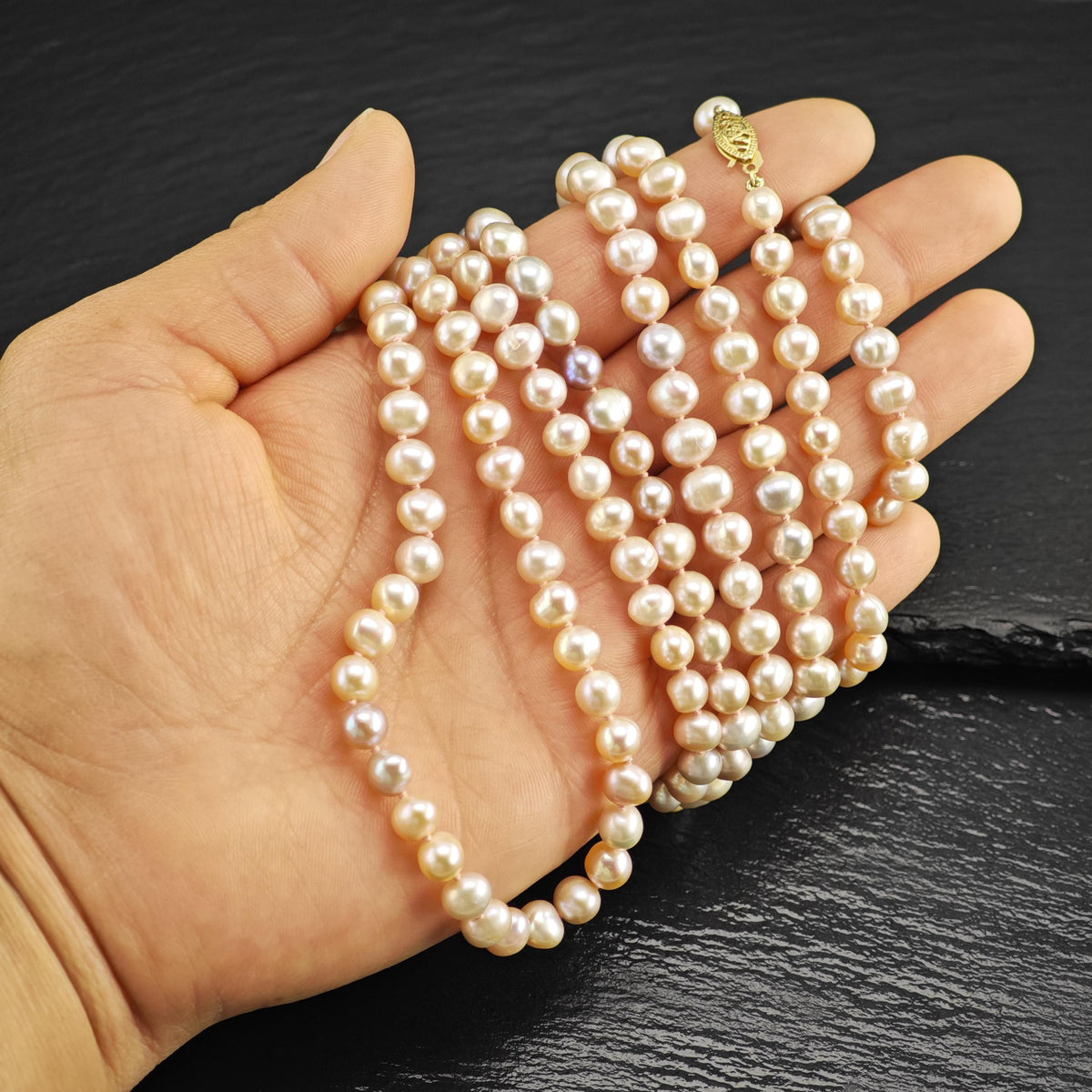 7mm Pink Pearl, 14K Gold Clasp Beaded Necklace N2789