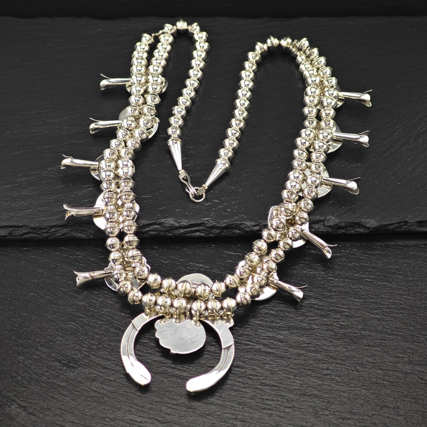 Vintage Native American Sterling Silver Blue Turquoise Squash Blossom Necklace