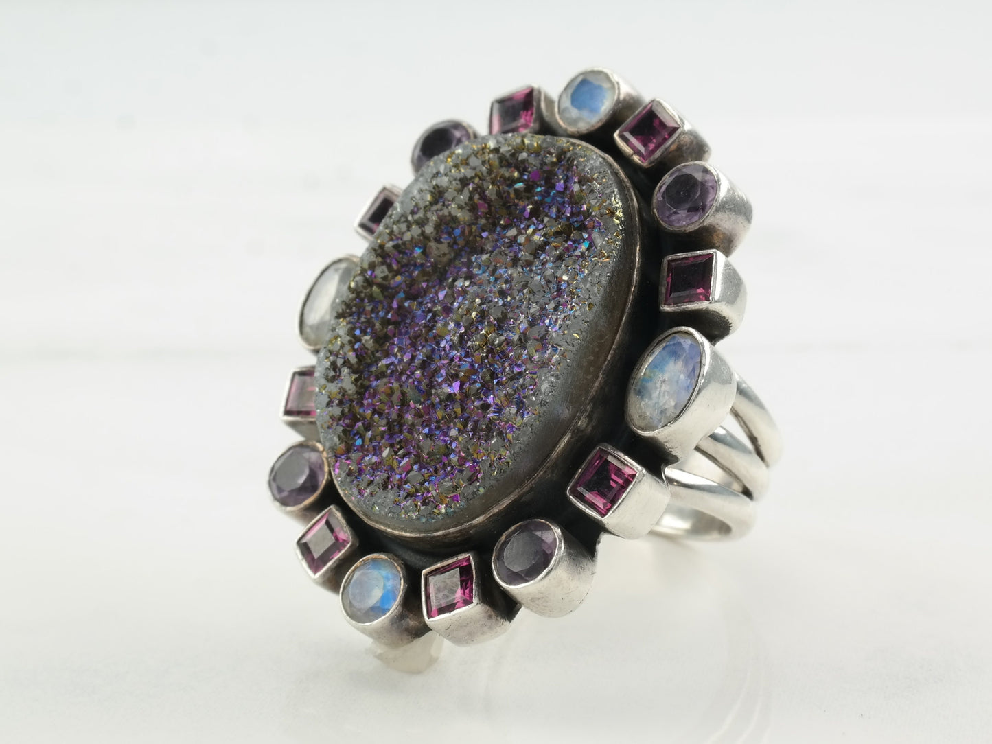 Nicky Butler Ring Druzy, Amethyst, Moonstone, Garnet Sterling Silver Size 7 3/4