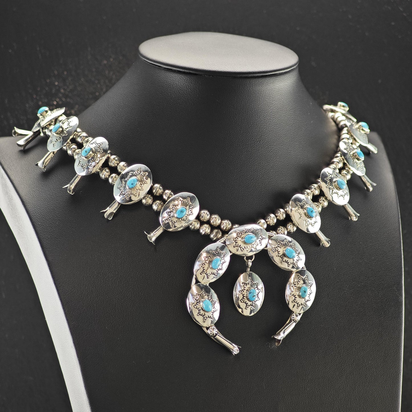 Sw Sterling Blue Turquoise Conchos Squash Blossom Necklace N2594