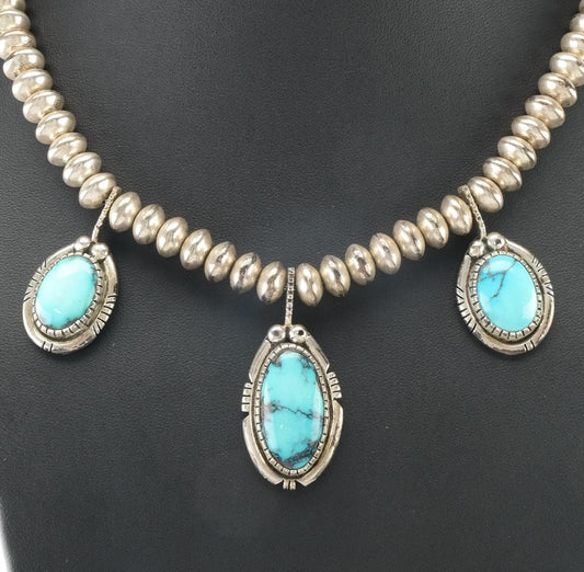 Vintage Tim Guerro Sterling Silver necklace Blue Triple Turquoise stones Hogan Beads