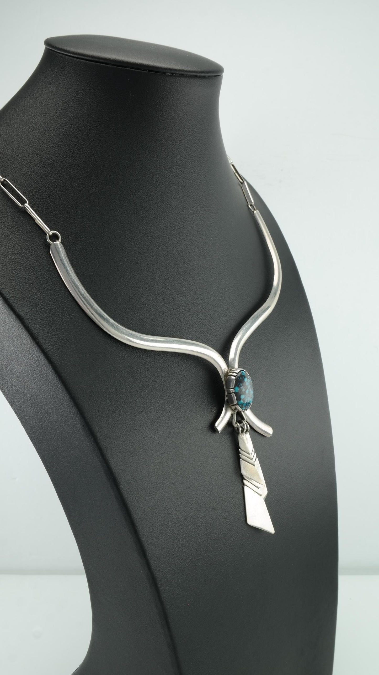 Native American Sterling Silver Turquoise Necklace, Spiderweb Turquoise, Choker, LM Nez, 1970s