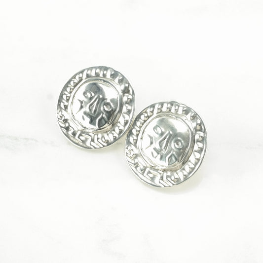 Studio Style Sterling Silver Stamped Face Earrings Stud