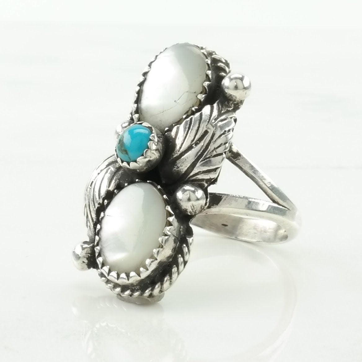 Vintage Native American Silver Ring MOP, Turquoise Leaf Sterling Size 6 1/2