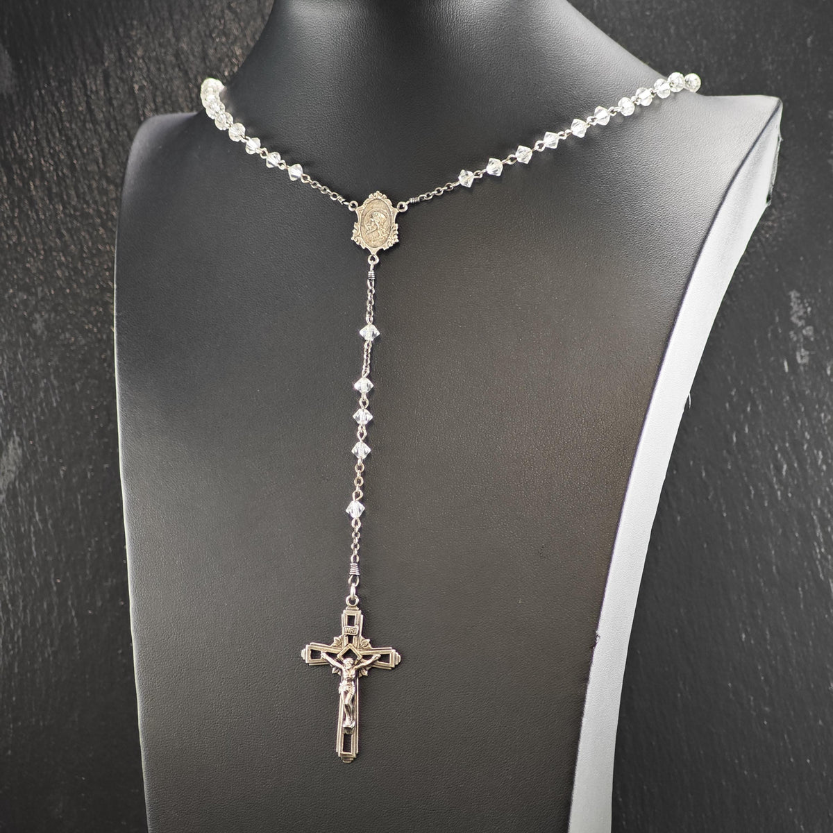 Vintage Clear Beaded Rosary Necklace Sterling Silver N2784