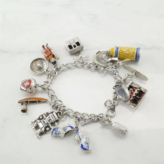 Tourist Enamel 12 Charm Bracelet Vintage Sterling Silver