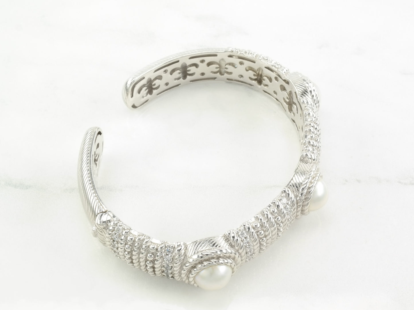 Judith Ripka Cuff White Mabe Pearl CZ Sterling Silver Bracelet