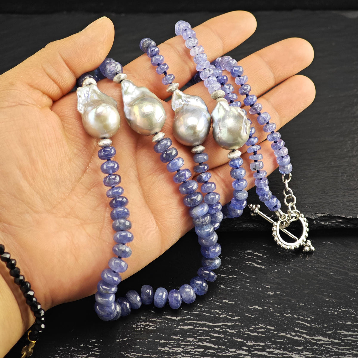 Blue Tanzanite Pearl Beaded Necklace Sterling Silver N2781