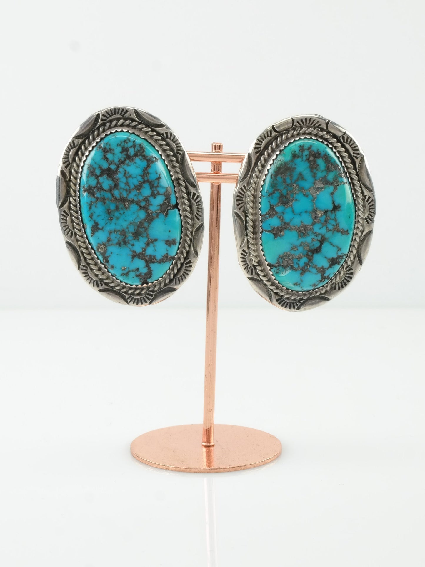 Vintage Sterling Silver & Kingman Turquoise Earrings | Native American | Large Oval Dangles | Southwestern Jewelry | Boho Chic | 1970s