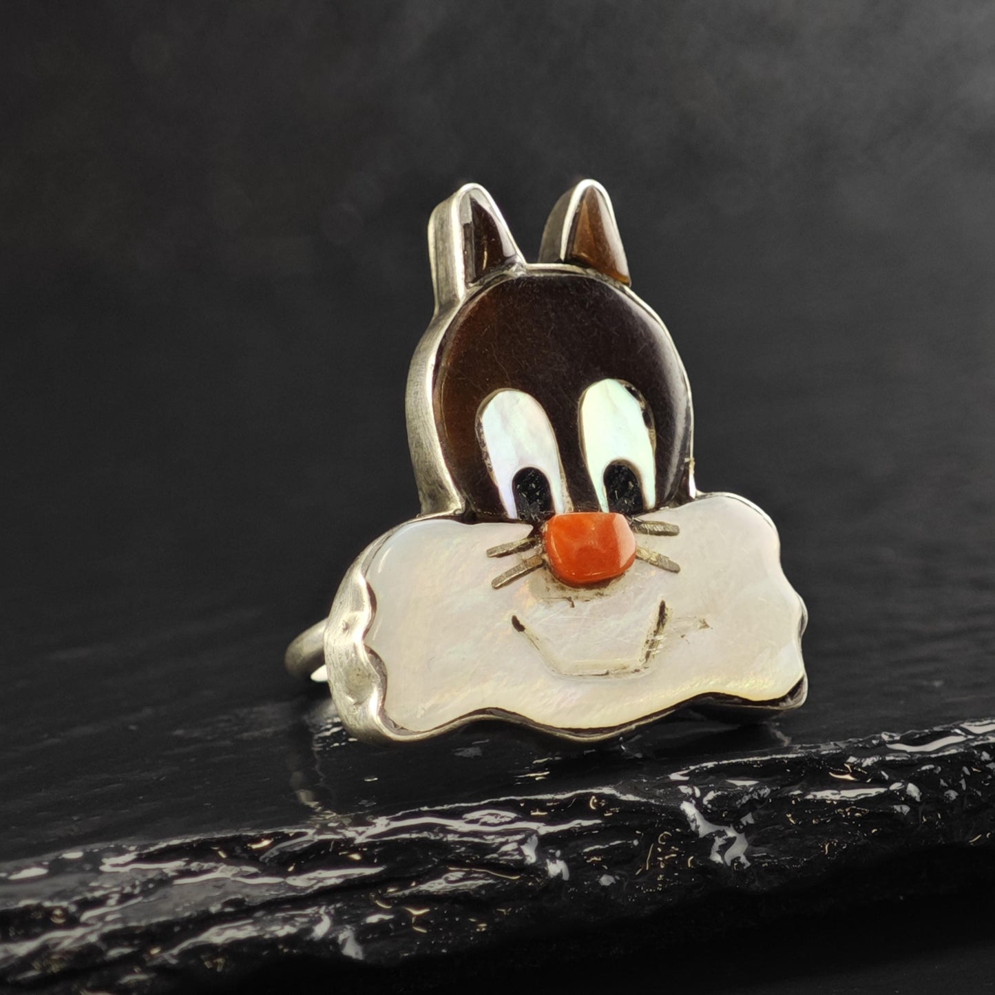 Perry Spencer Navajo Cartoon Cat Inlay Sterling Silver Ring Sz 6 1/4 R6568