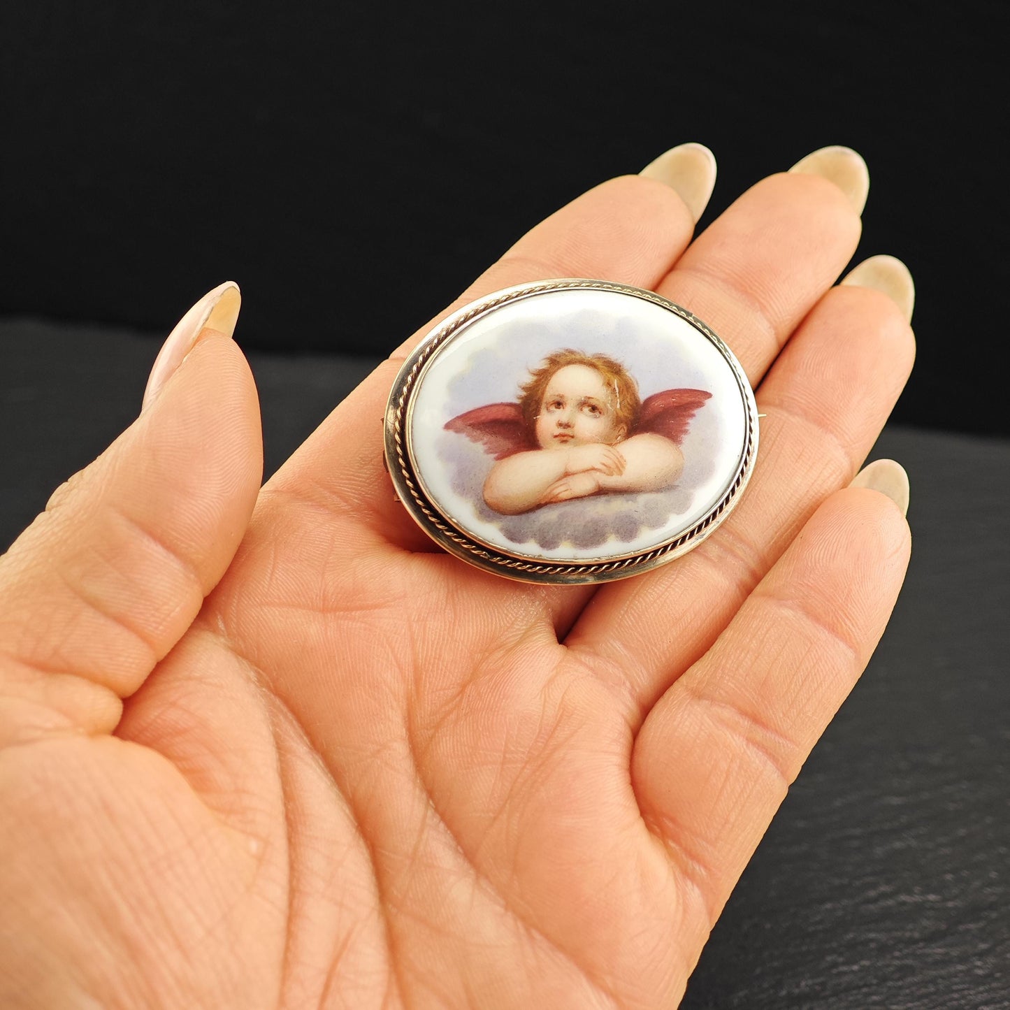 Antique, Victorian Cherub Porcelain Brooch 9-10K Gold
