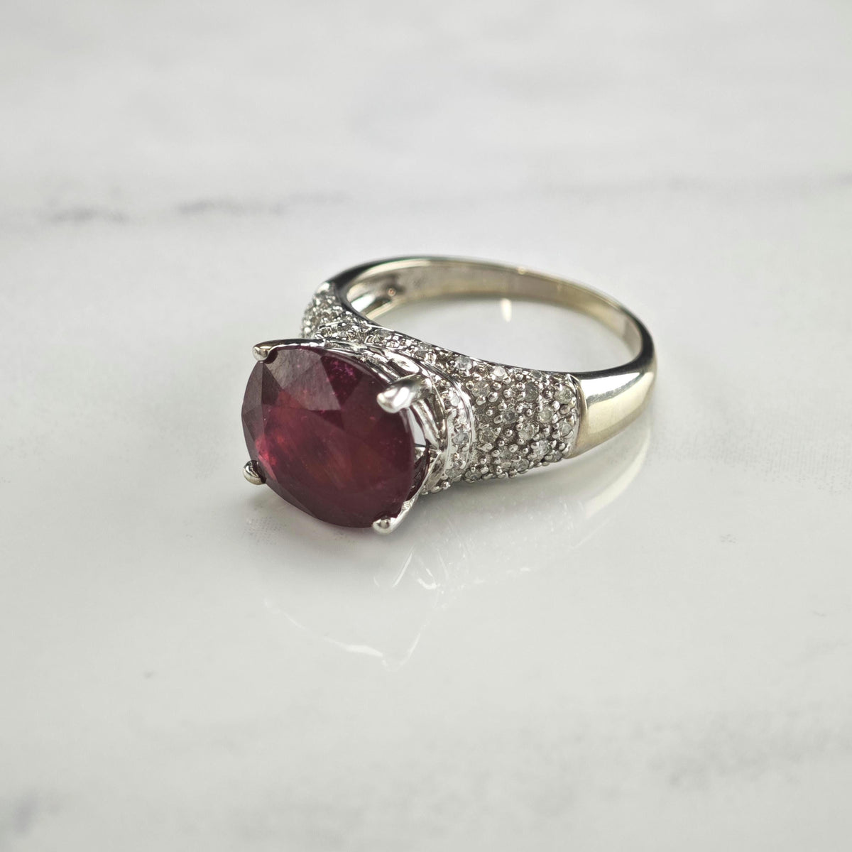7ct Glass Filled Ruby & Diamond Cluster 14K White Gold Ring Sz 8 R6796