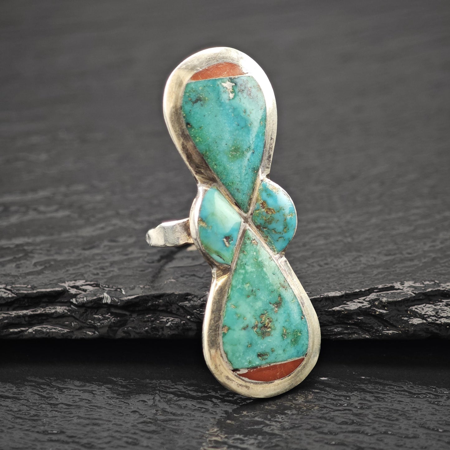 Large Turquoise, Coral Inlay Ring Sterling Silver Sz 8 R5934