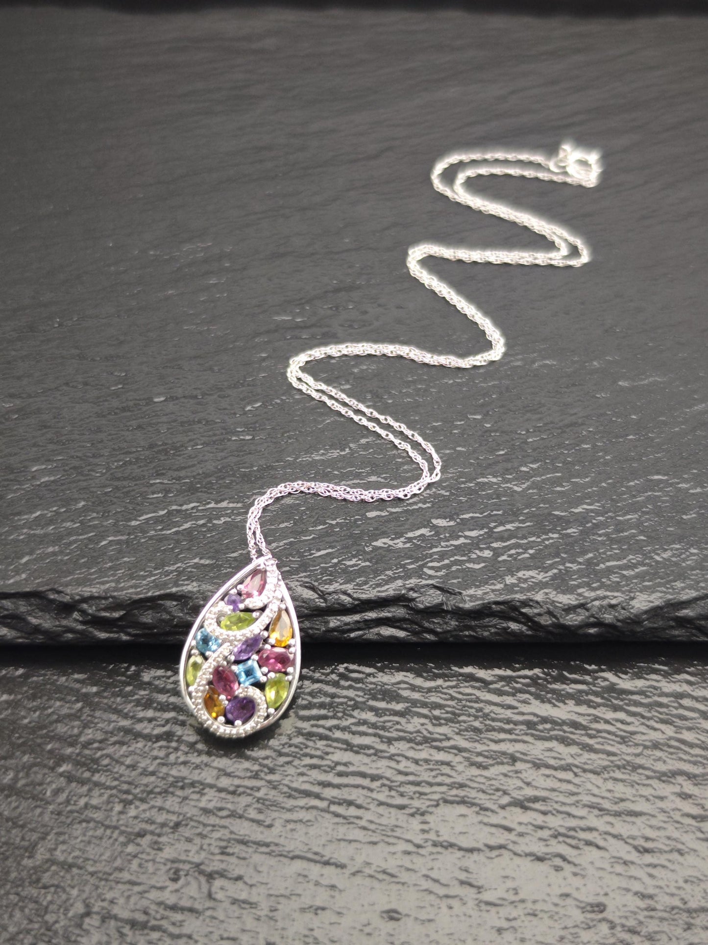 Designer Diamond, Amethyst, Gemstones Teardrop Necklace Sterling Silver N2516