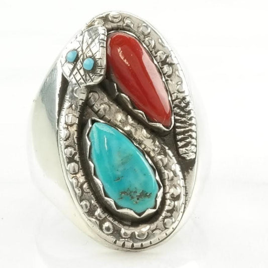 Vintage Zuni Silver Ring Turquoise, Coral Snake Sterling Blue, Red Size 11 1/2