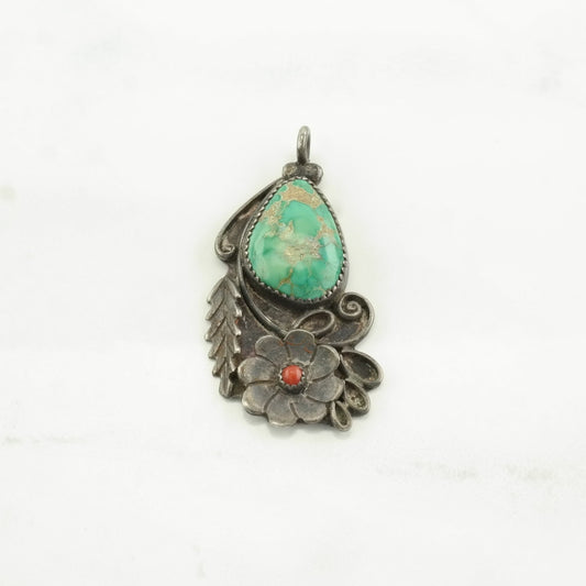Vintage Native American Turquoise, Coral Floral Sterling Silver Pendant