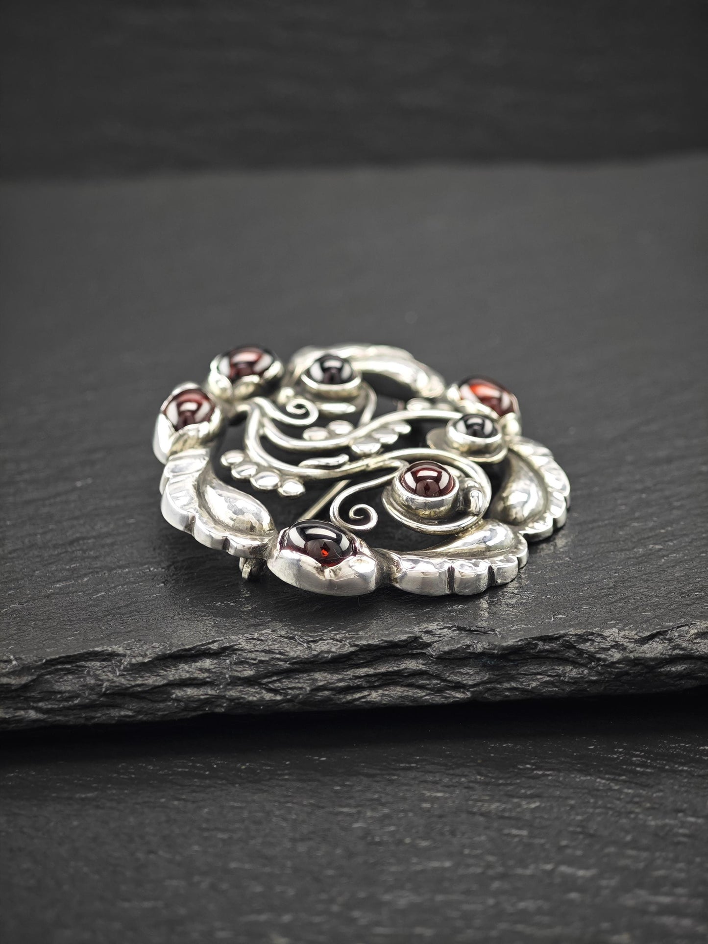 Georg Jensen 159, Garnet Moonlight Blossoms Brooch Sterling Silver