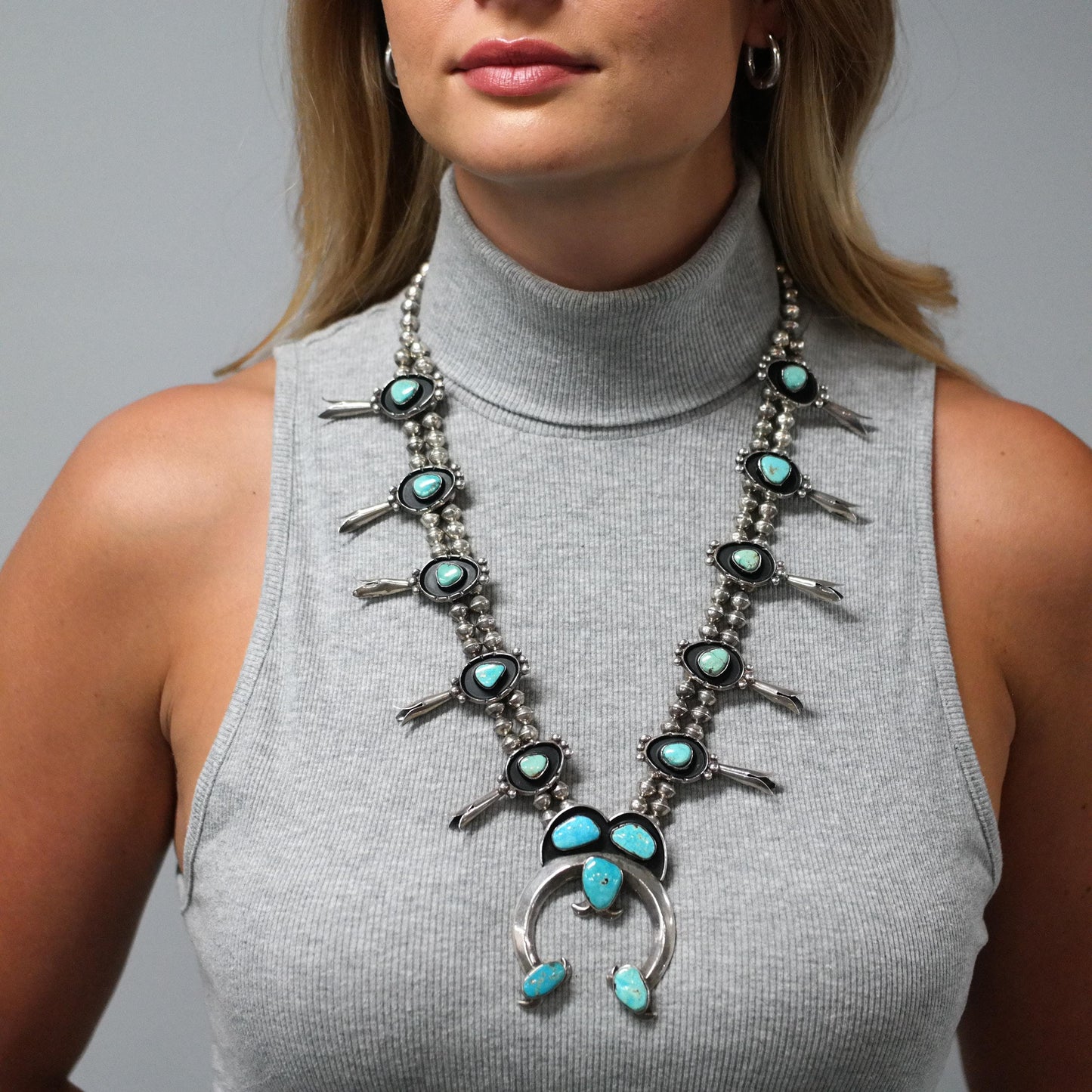 Vintage Squash Blossom Sterling Silver Turquoise Shadowbox Squash Blossom Necklace