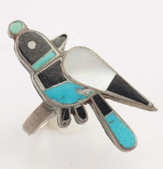 Native American Silver Ring Turquoise, Jet, MOP Inlay, Bluejay Sterling Size 7