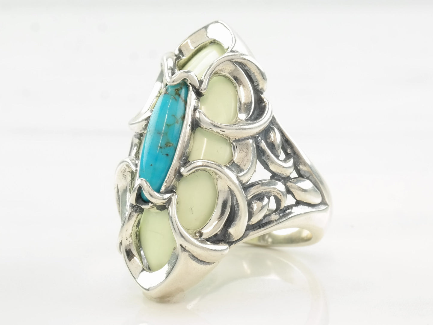 Vintage Southwest Silver Silver Turquoise, Agate, Caged Stone Ring 8
