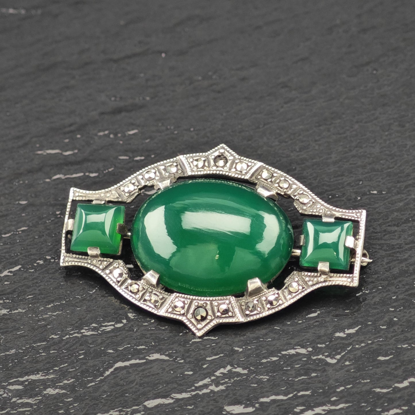 Art Deco Sterling Silver Brooch Oval Green Onyx, Marcasite B2141