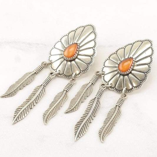 Native American Sterling Silver Amber MOP Doublet Concho Navajo Earrings Stud Dangle