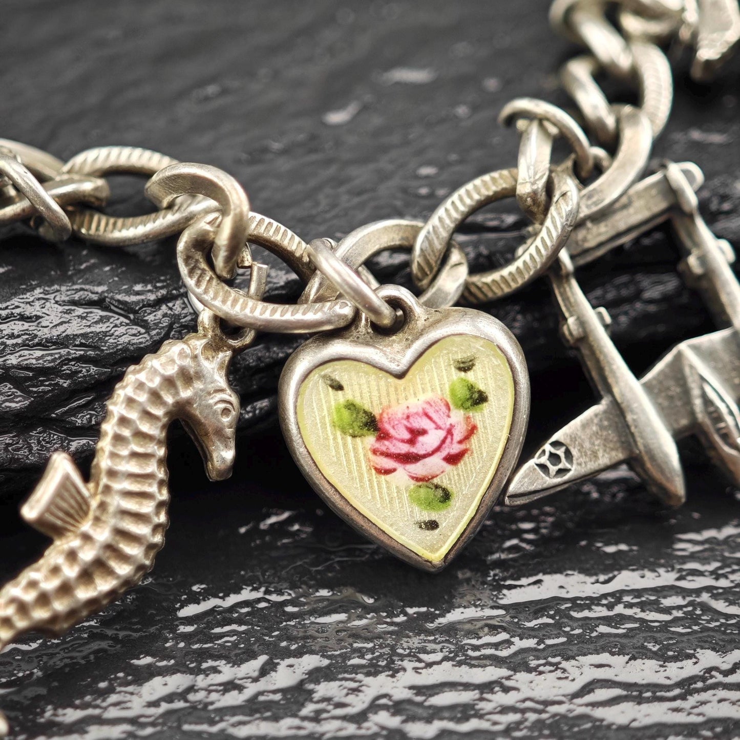 1930's WWII USN, Enamel Heart Charm, Bracelet Sterling Silver