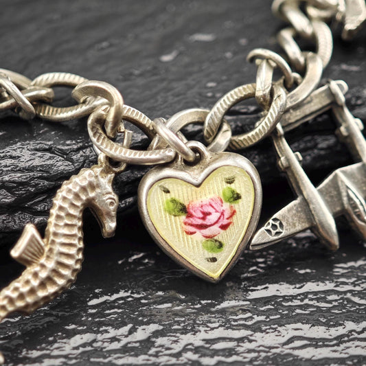 1930's WWII USN, Enamel Heart Charm, Bracelet Sterling Silver